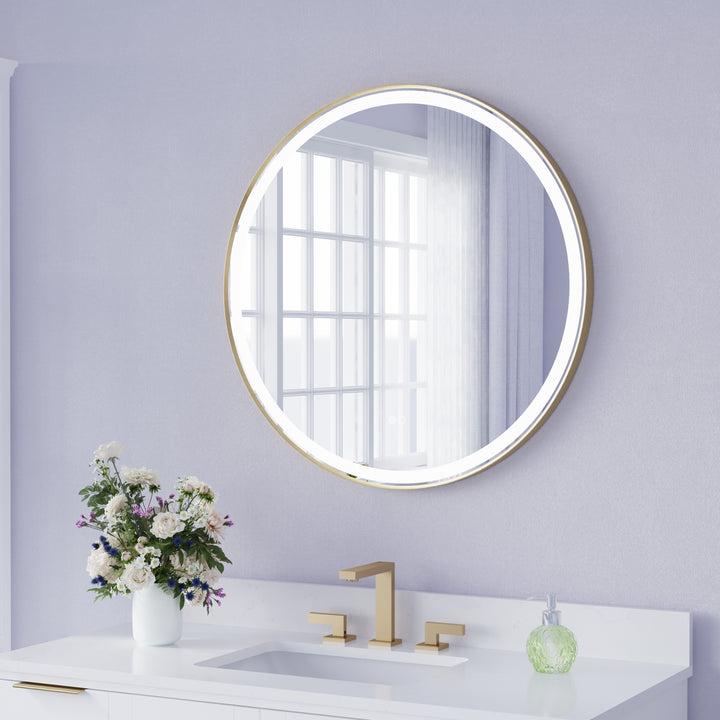 32 in.  W x 32 in.  H Brushed Gold Framed Round LED Light Bathroom Vanity Mirror