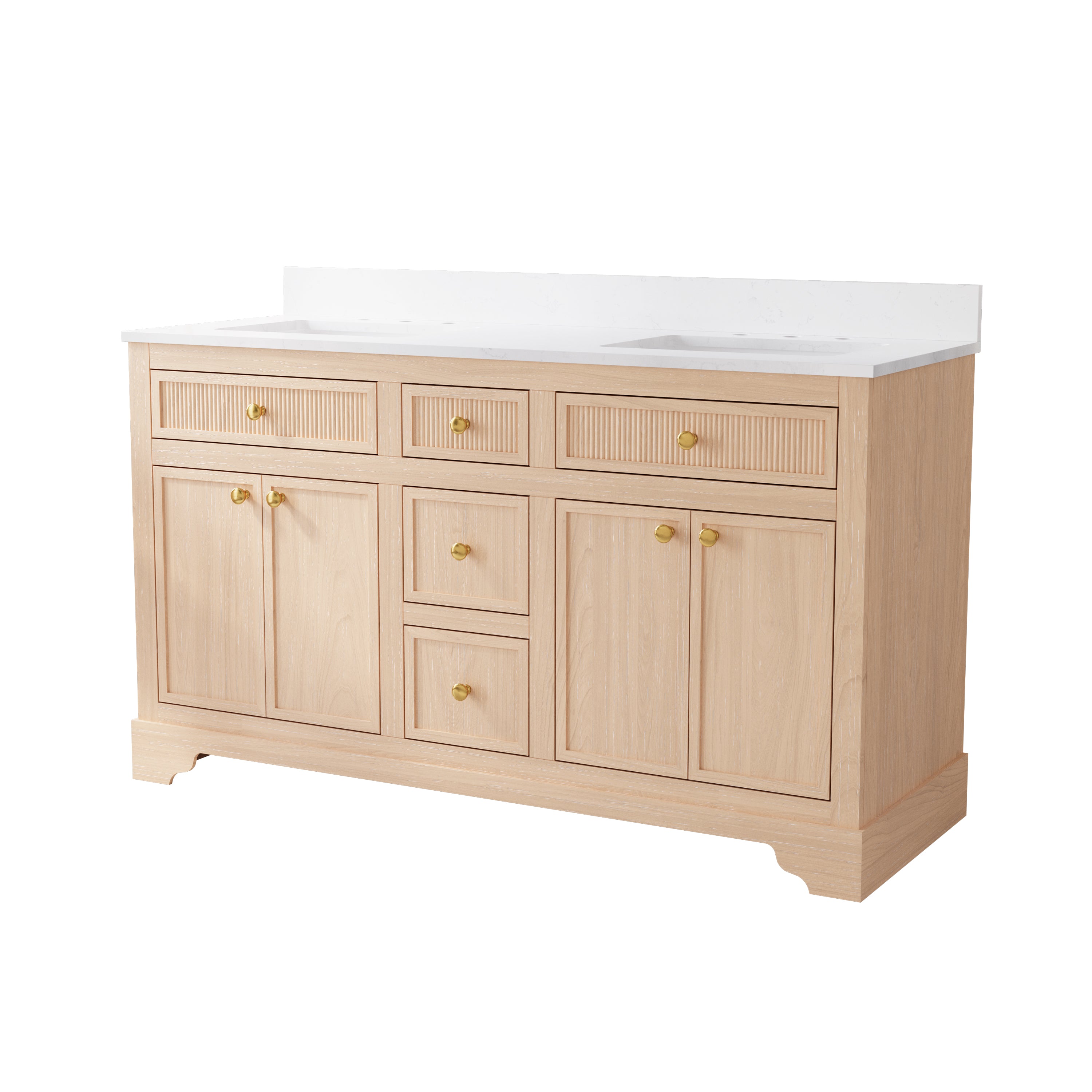 60-Inch Light Wood Freestanding Bathroom Vanity with Carrera White Top Sink