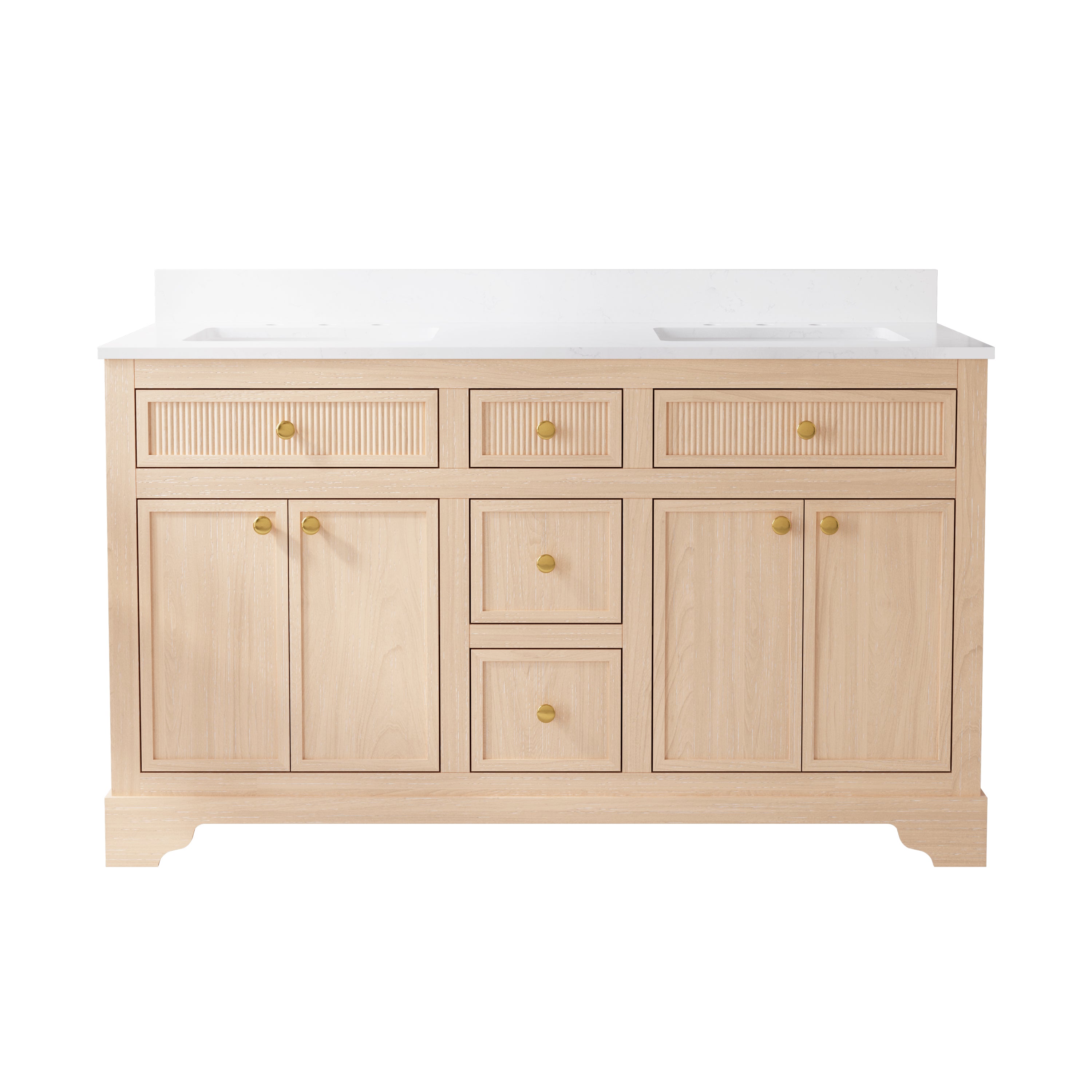 60-Inch Light Wood Freestanding Bathroom Vanity with Carrera White Top Sink