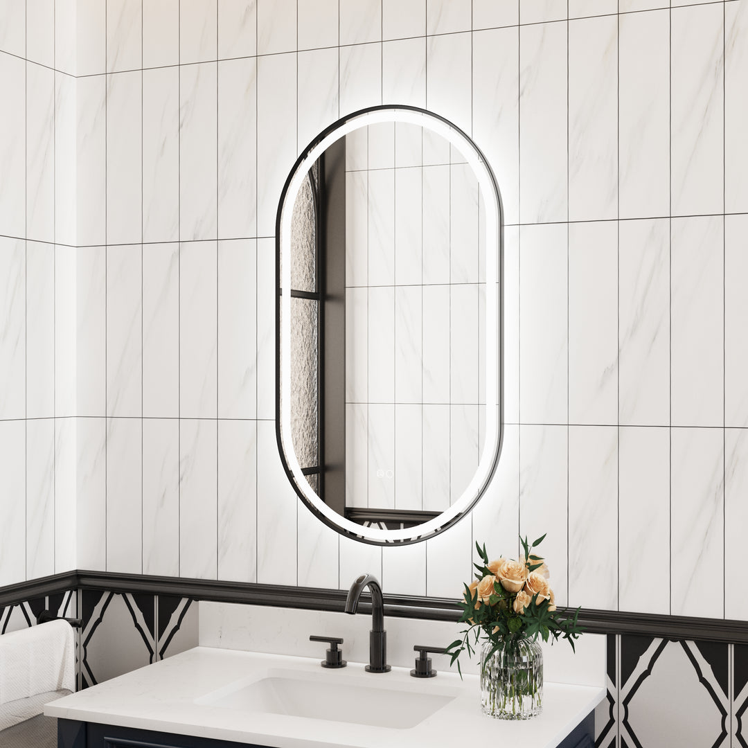 20 in. W x 36 in. H Oval Framed LED Wall-Mounted Bathroom Vanity Mirror Matte Black