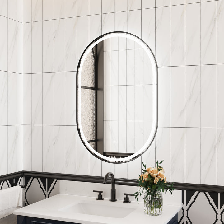 24 in. W x 36 in. H Oval Framed LED Wall-Mounted Bathroom Vanity Mirror Matte Black