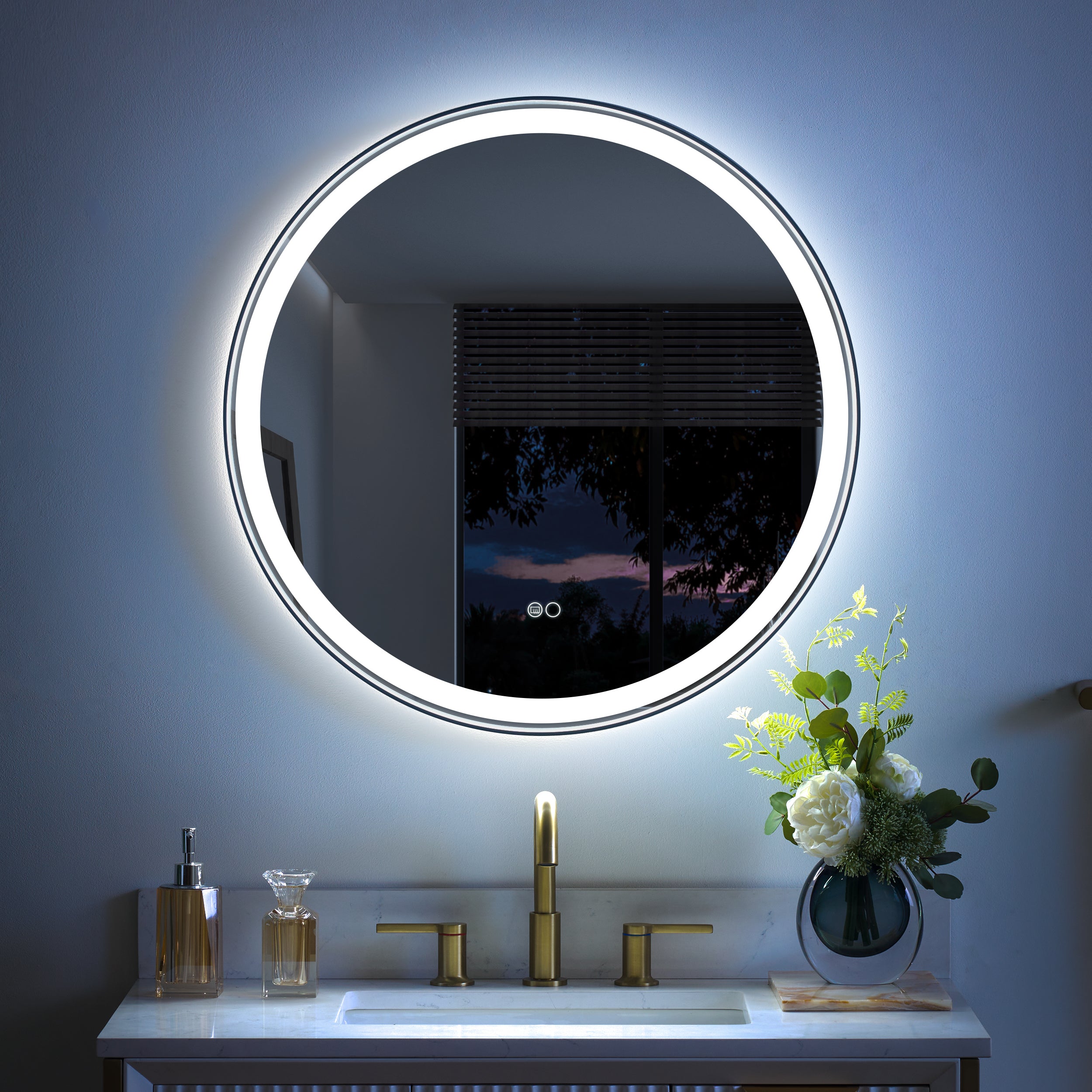 28 in. W x 28 in. H Matte Black Framed Round LED Light Bathroom Vanity Mirror