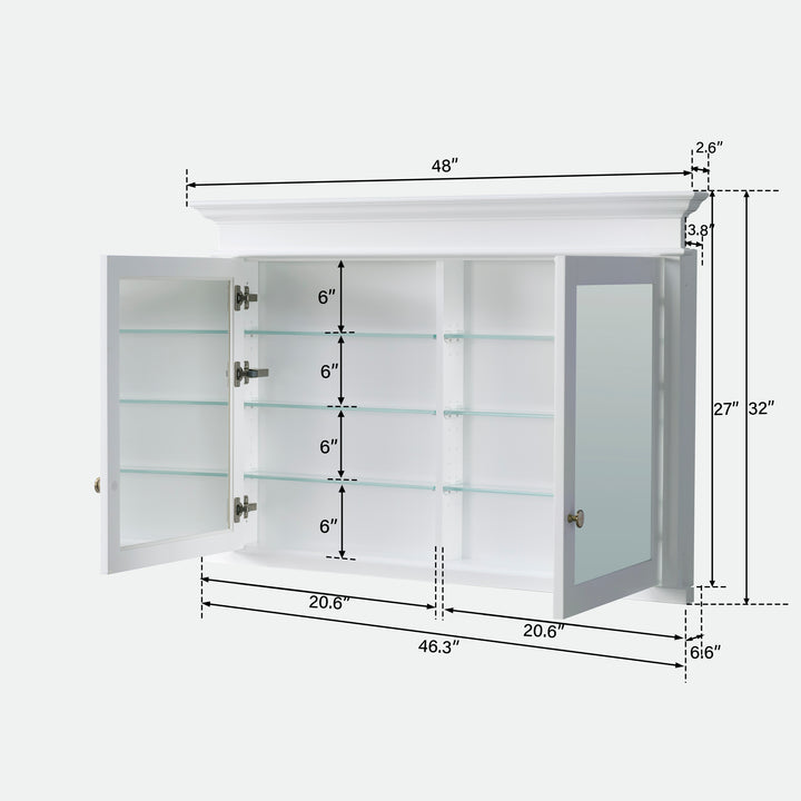 48 in.W x 32 in.H Recessed Bathroom Medicine Cabinet with Mirror in White