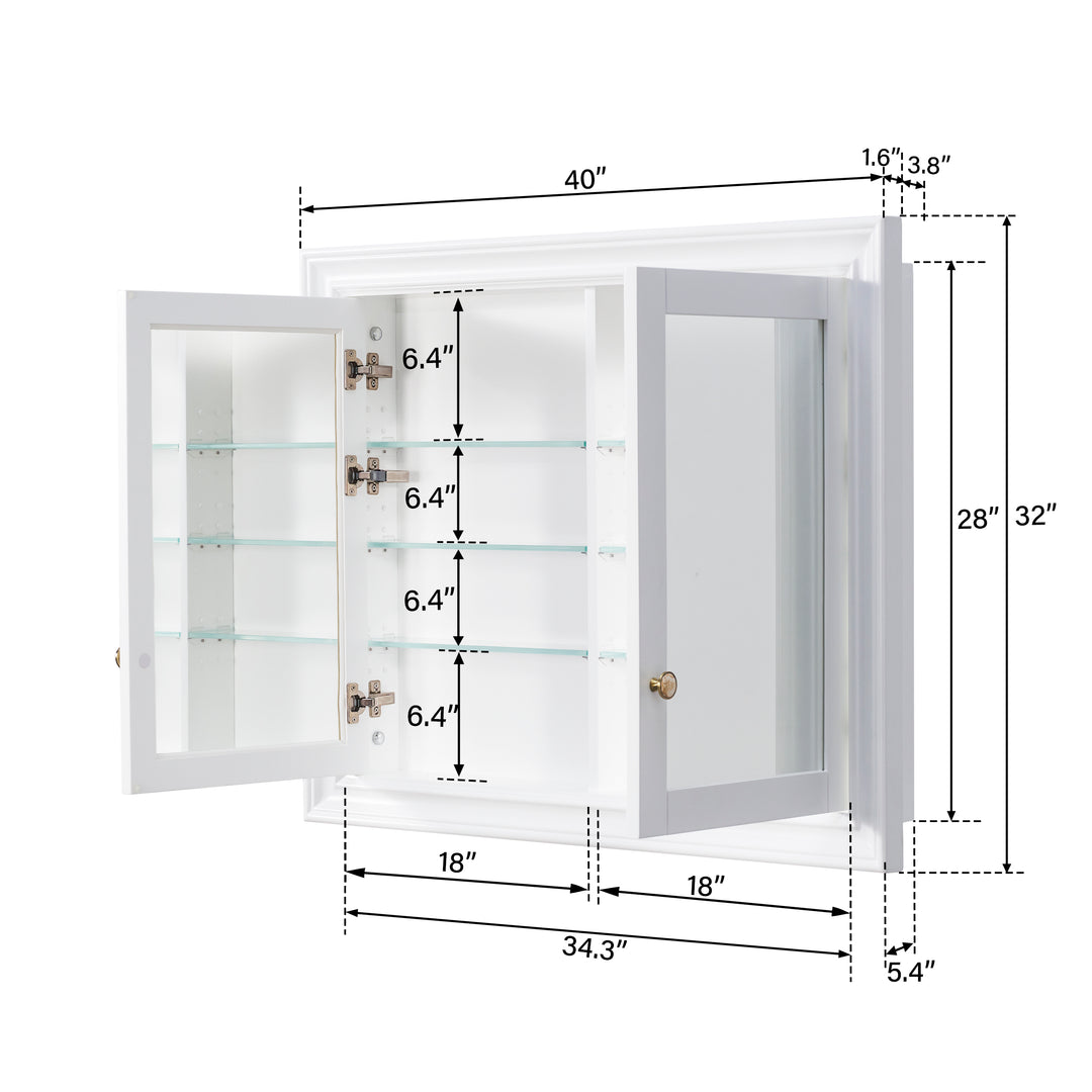 40 in.W x 32 in.H Recessed Bathroom Medicine Cabinet with Mirror in White