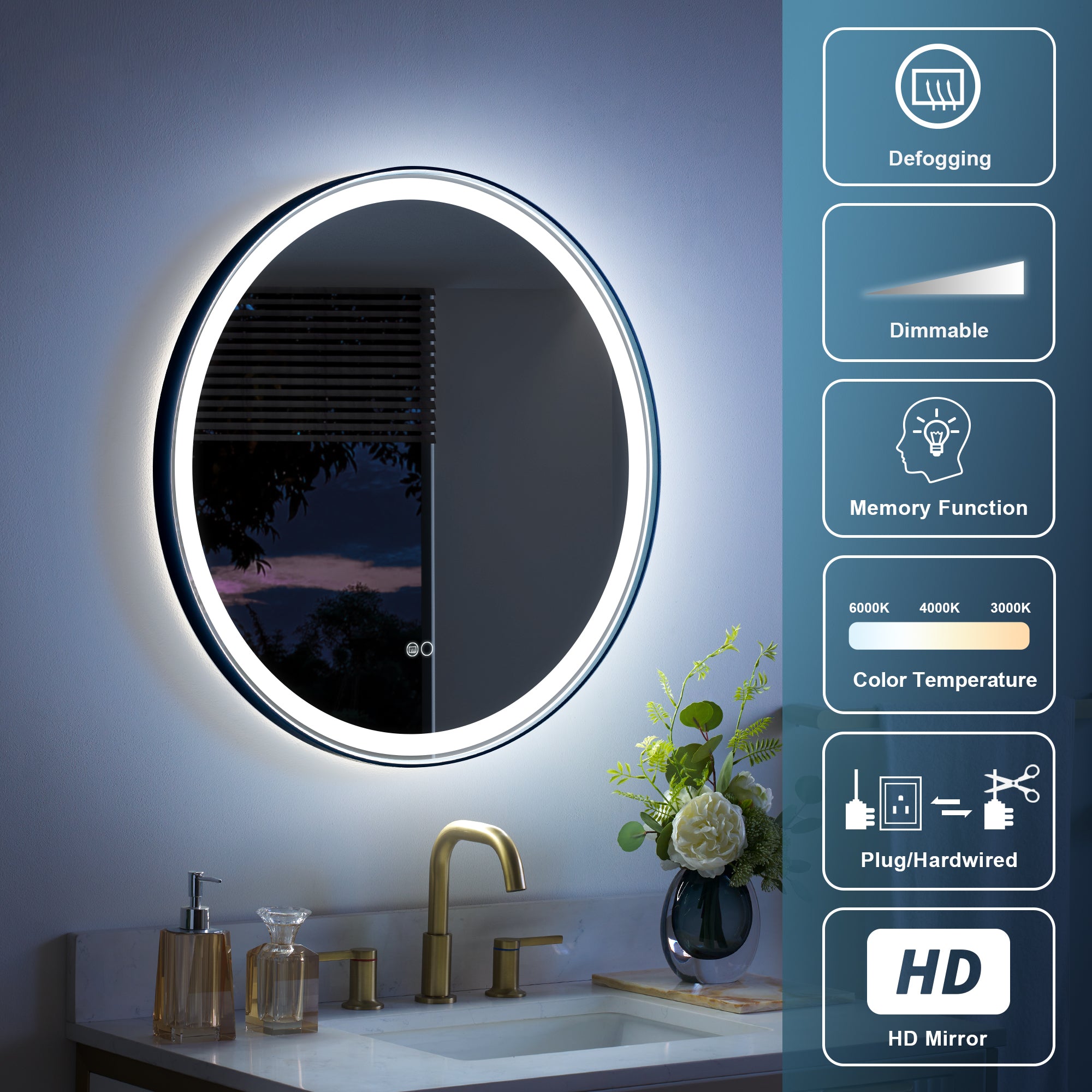 28 in. W x 28 in. H Matte Black Framed Round LED Light Bathroom Vanity Mirror