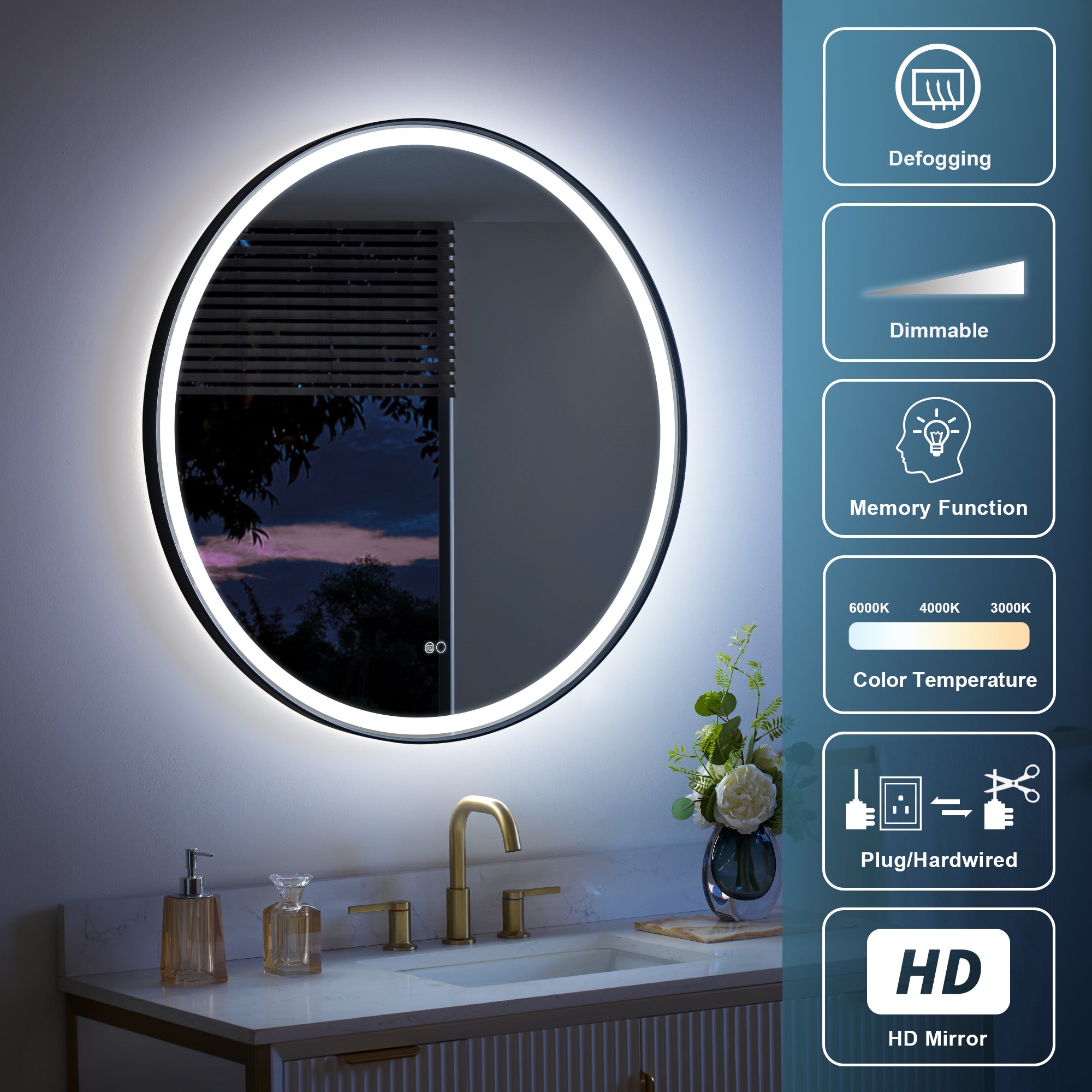 36 in. W x 36 in. H Matte Black Framed Round LED Light Bathroom Vanity Mirror