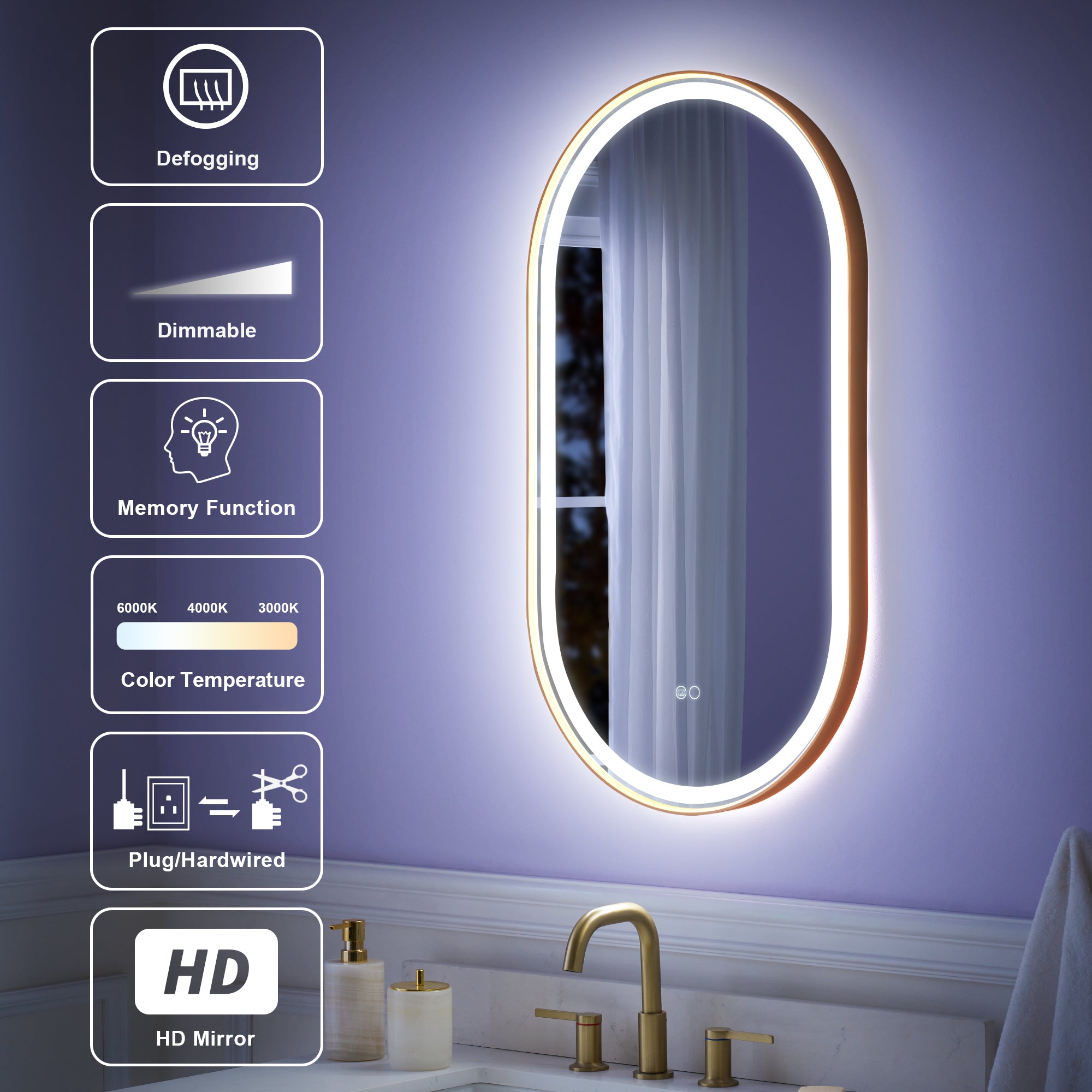 20 in. W x 36 in. H Brushed Gold Frame Runway Type LED Bathroom Vanity Mirror