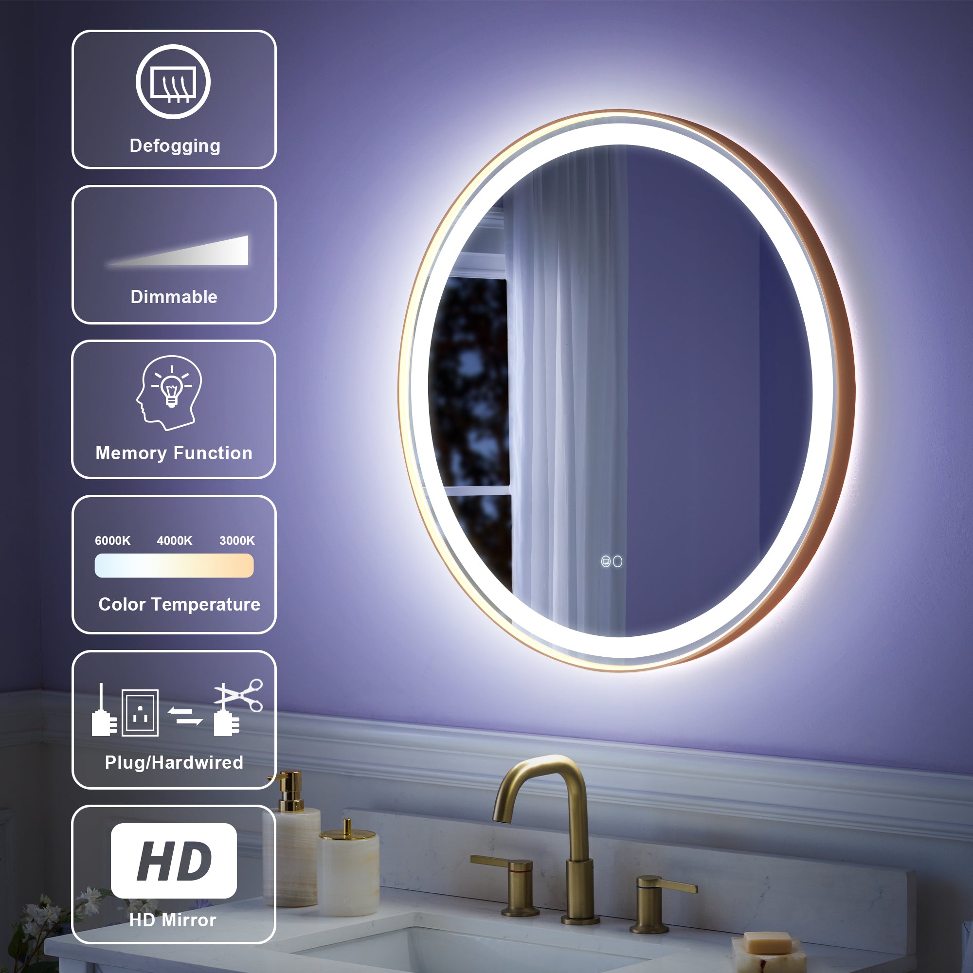 28 in.  W x 28 in.  H Brushed Gold Framed Round LED Light Bathroom Vanity Mirror