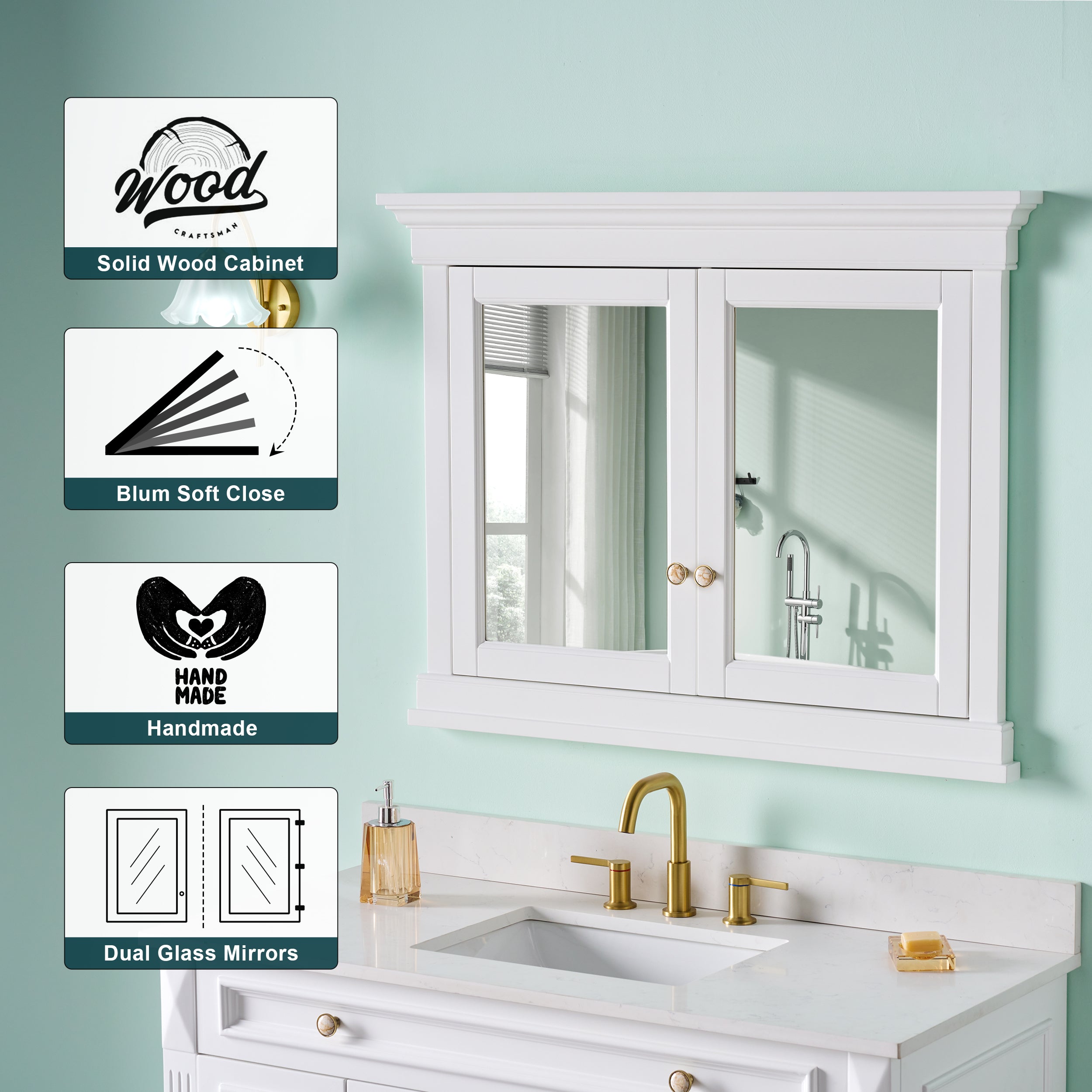 42 in.  W x 32 in.  H White Wood Recessed Bathroom Medicine Cabinet with Mirror