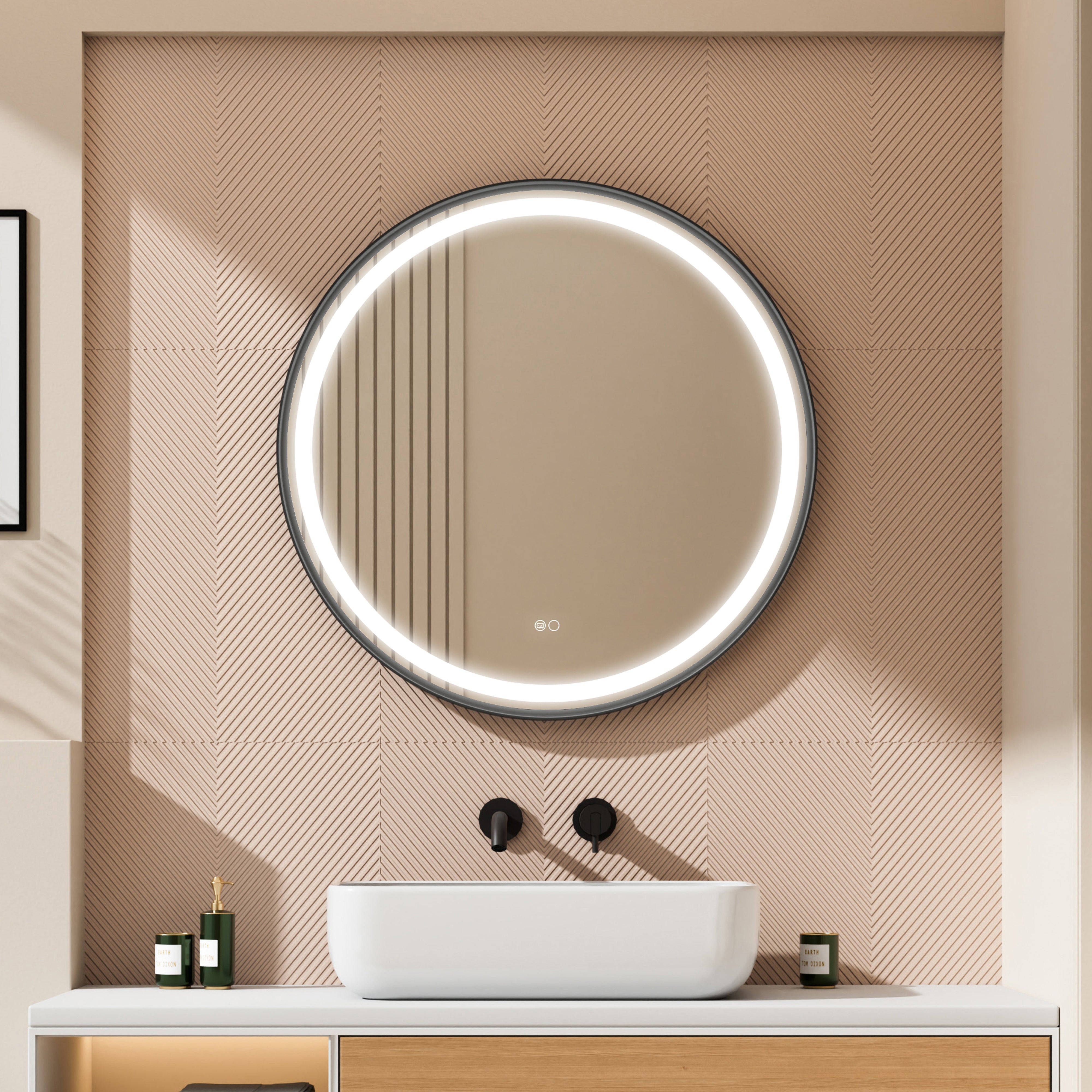 32 in. W x 32 in. H Framed Round LED Light Bathroom Vanity Mirror in Black