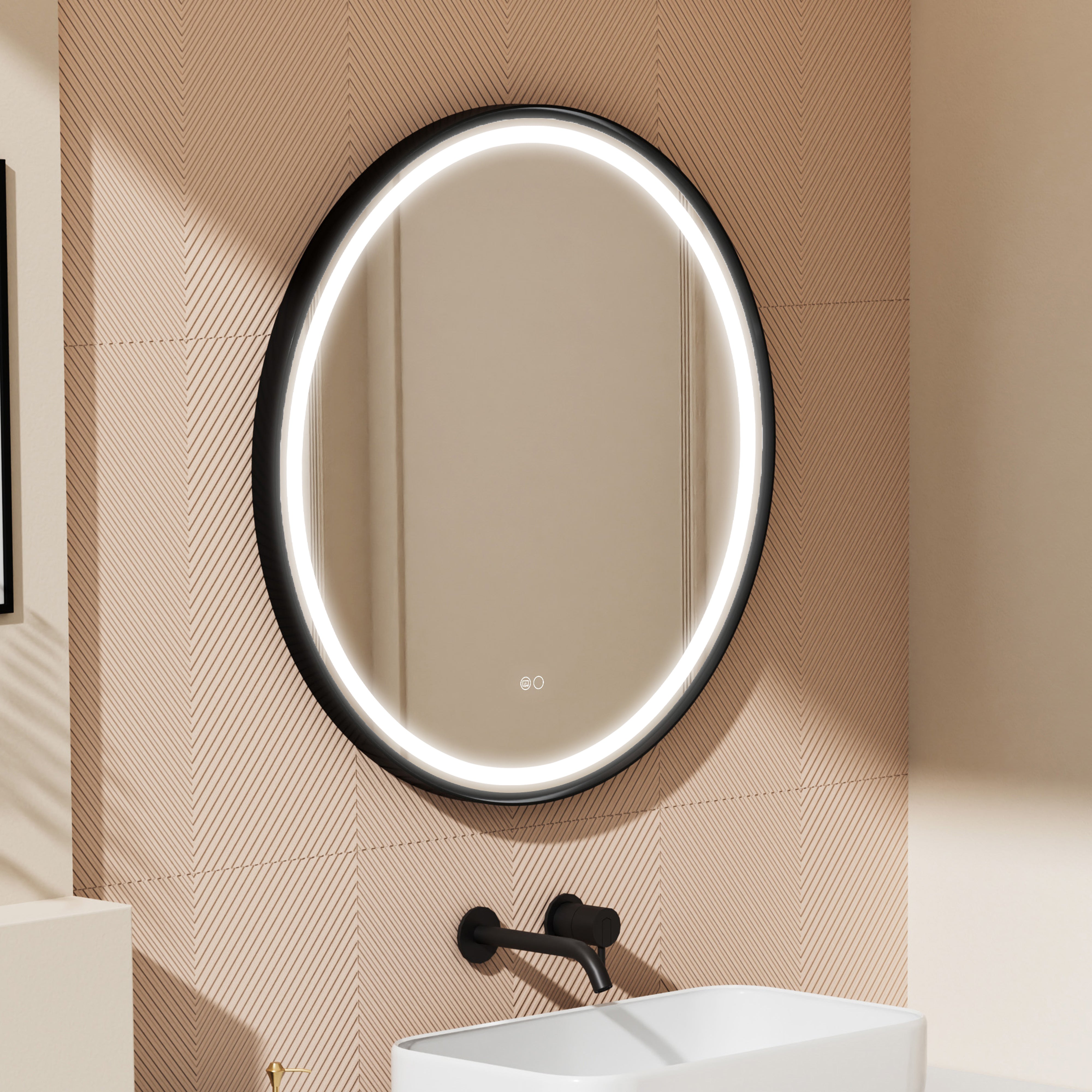 32 in. W x 32 in. H Framed Round LED Light Bathroom Vanity Mirror in Black