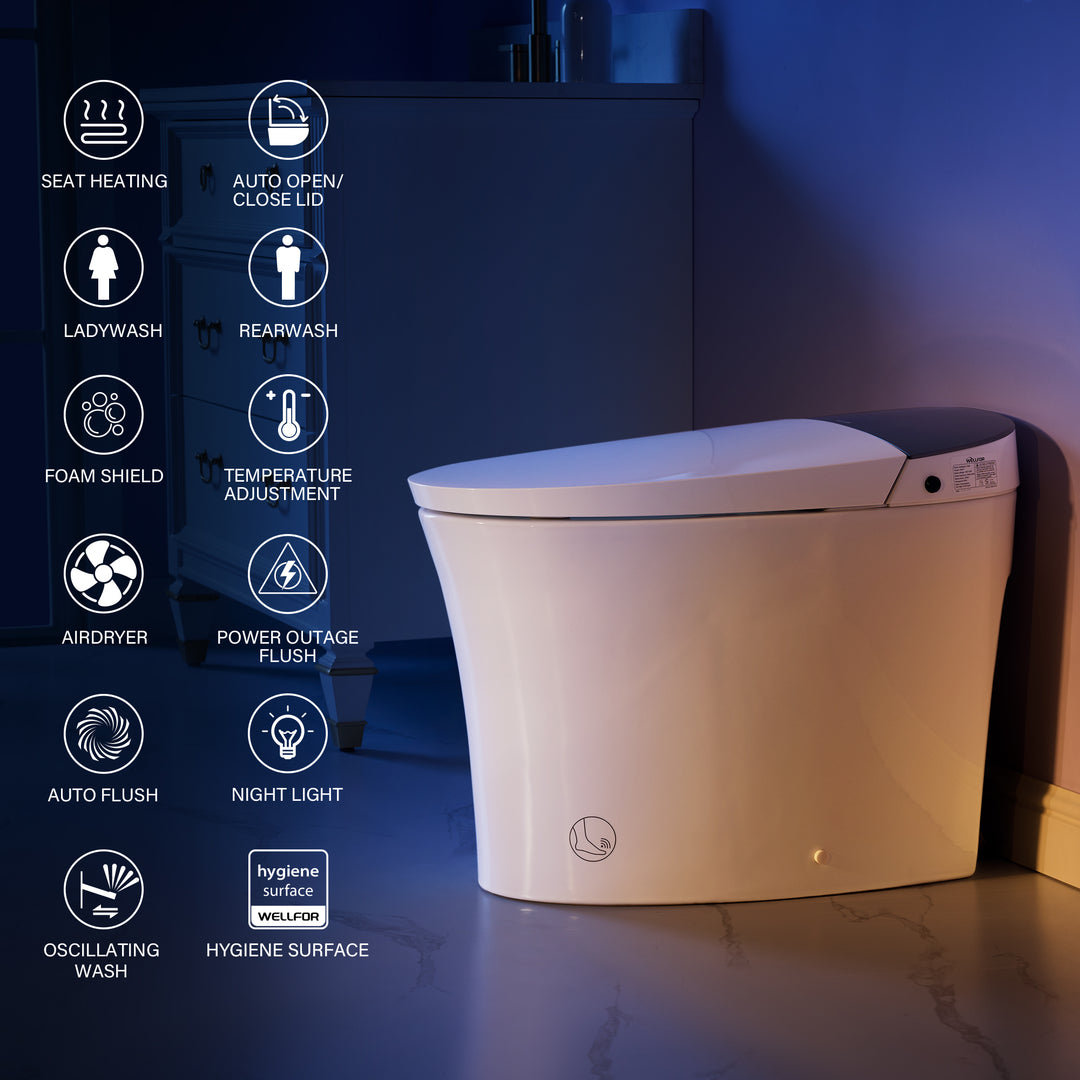 Elongated Smart Bidet Toilet in White with Built-in Tank, Foot Sensor Function, Auto Flush,LED Display