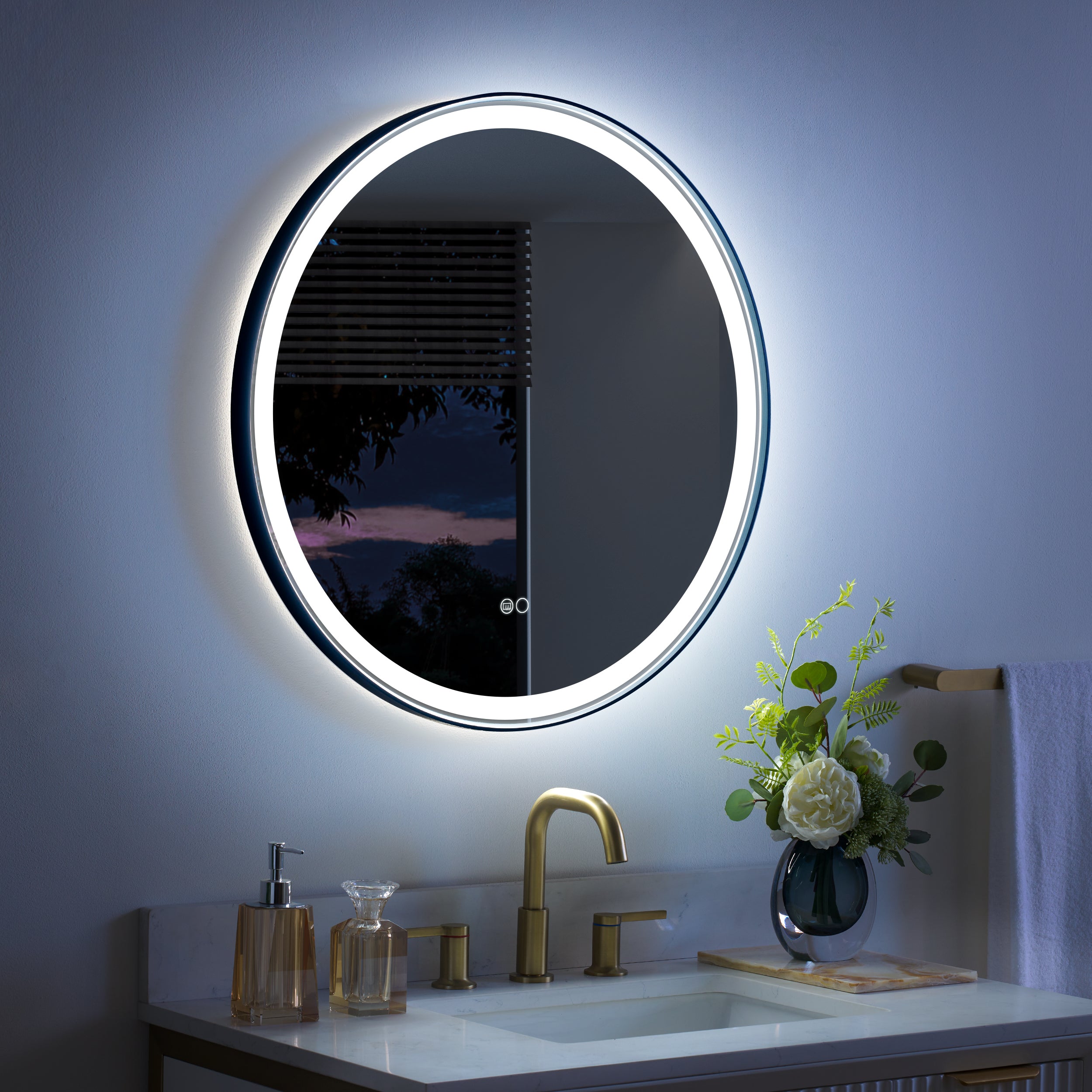 28 in. W x 28 in. H Matte Black Framed Round LED Light Bathroom Vanity Mirror