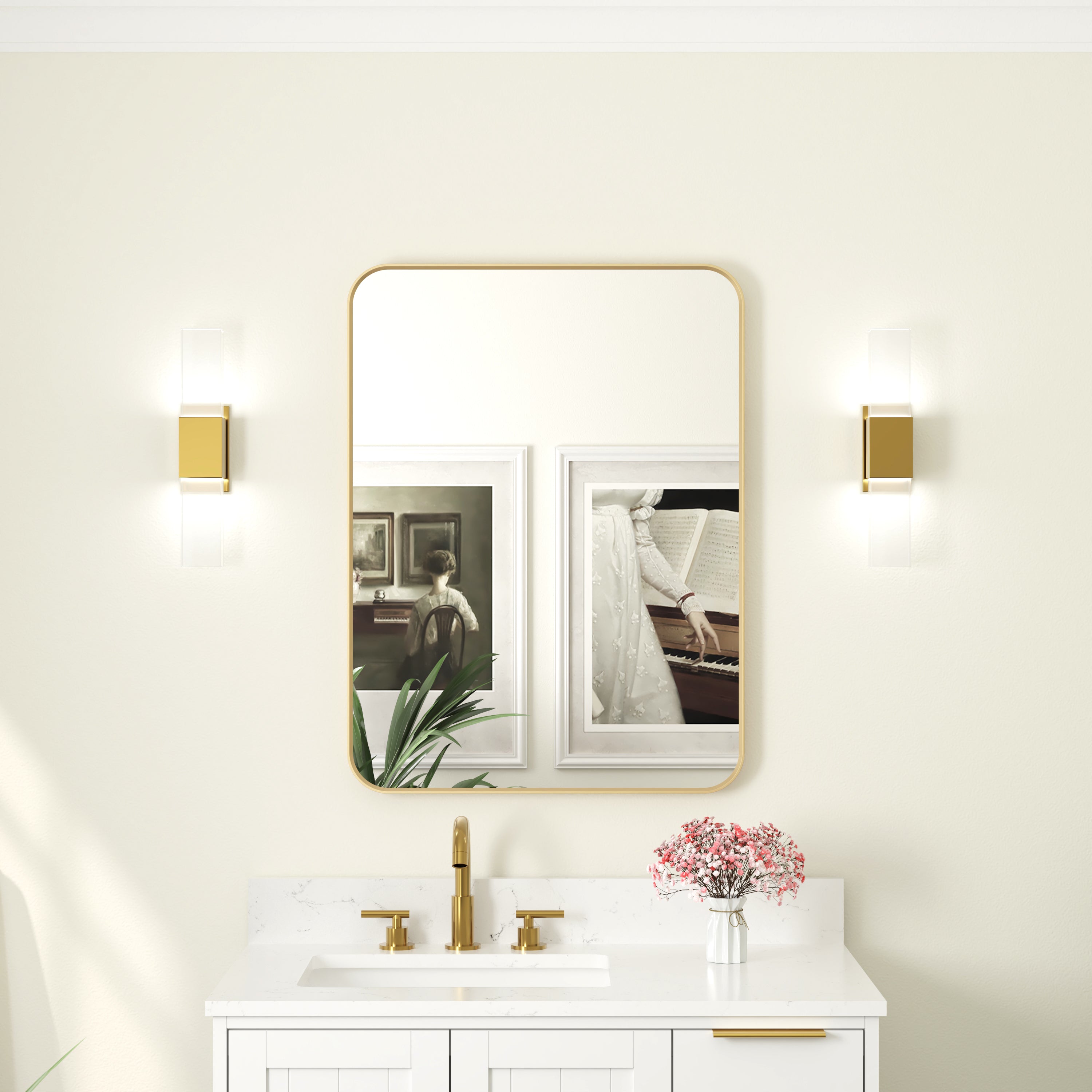 24-in W x 36-in H Brushed Gold Rectangular Framed Bathroom Vanity Mirror