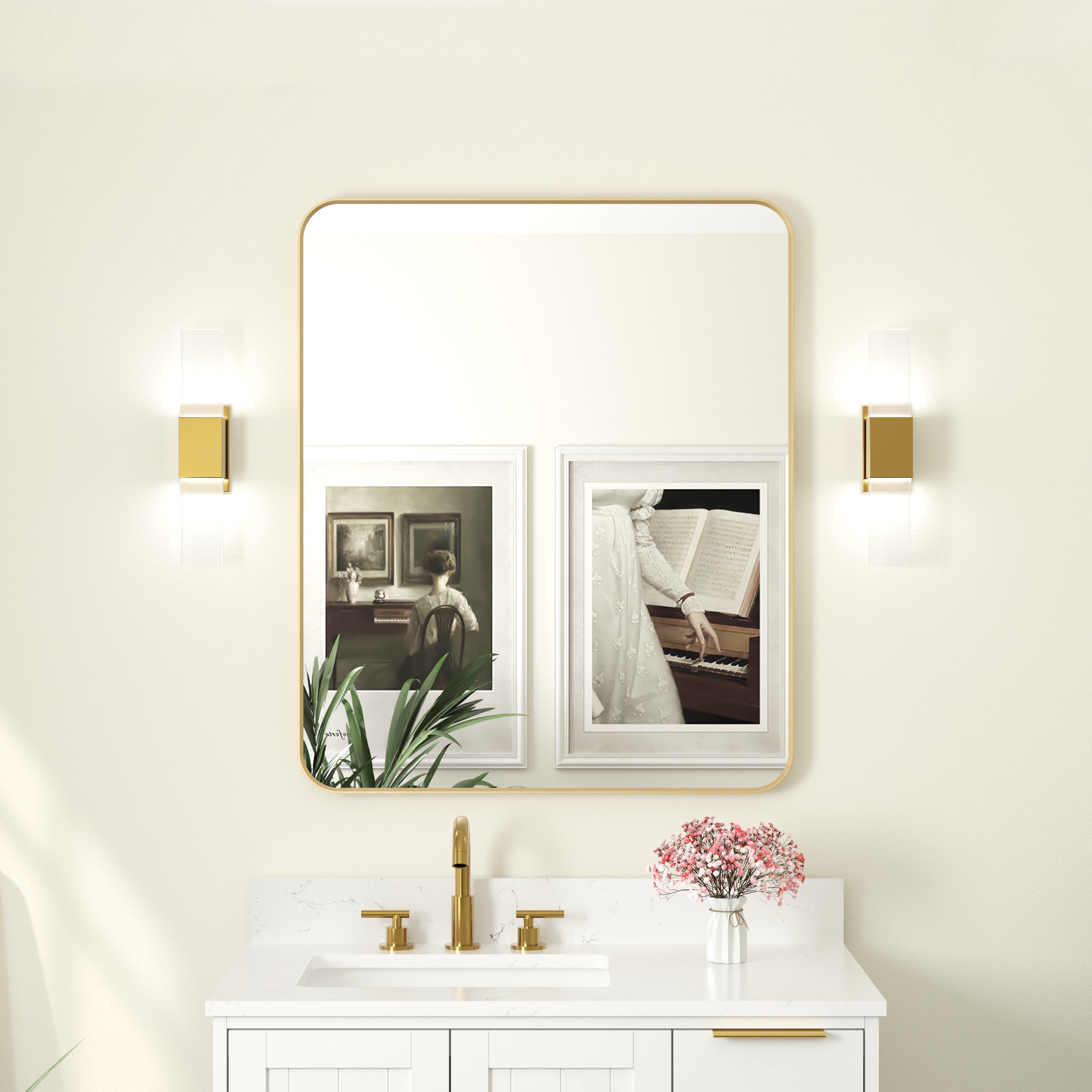 30-in W x 36-in H Brushed Gold Rectangular Framed Bathroom Vanity Mirror