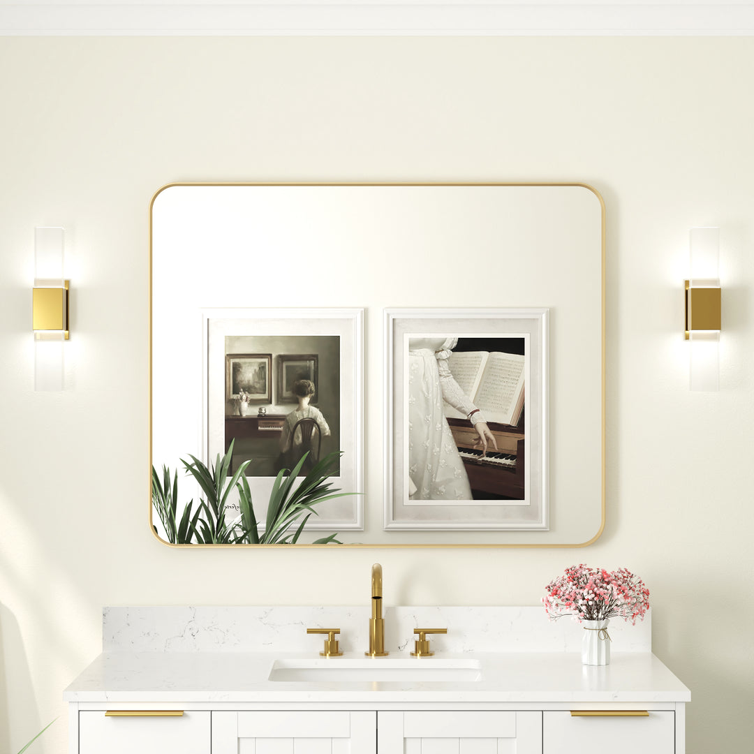 40-in W x 32-in H Brushed Gold Rectangular Framed Bathroom Vanity Mirror