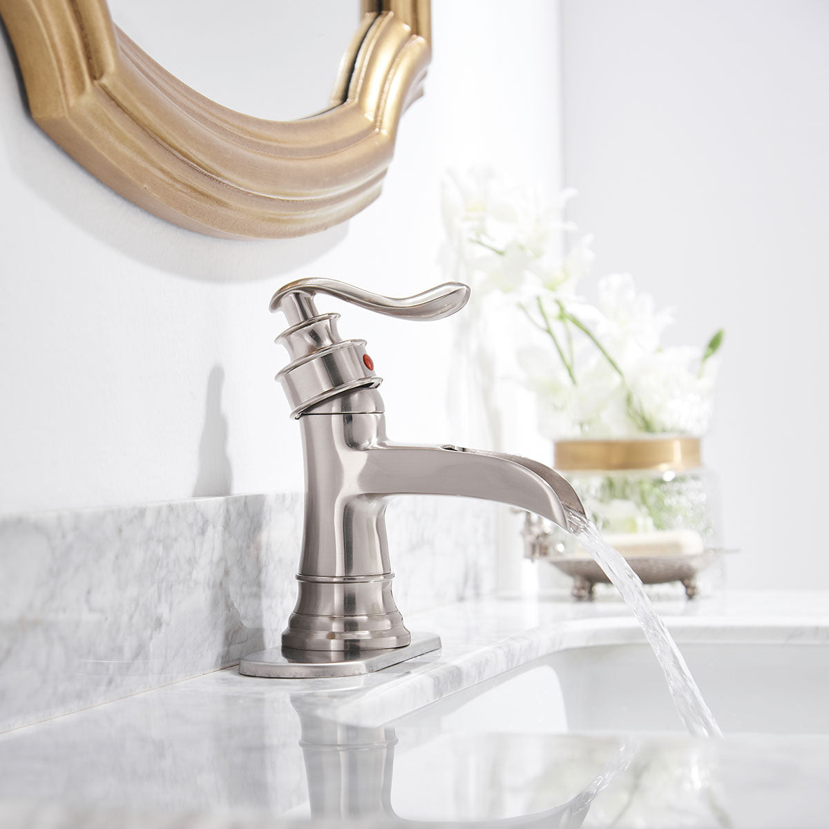 Sleek Stylish Single-Hole Single Handle Bathroom Faucet with Drain Kit Included in Brushed Nickel