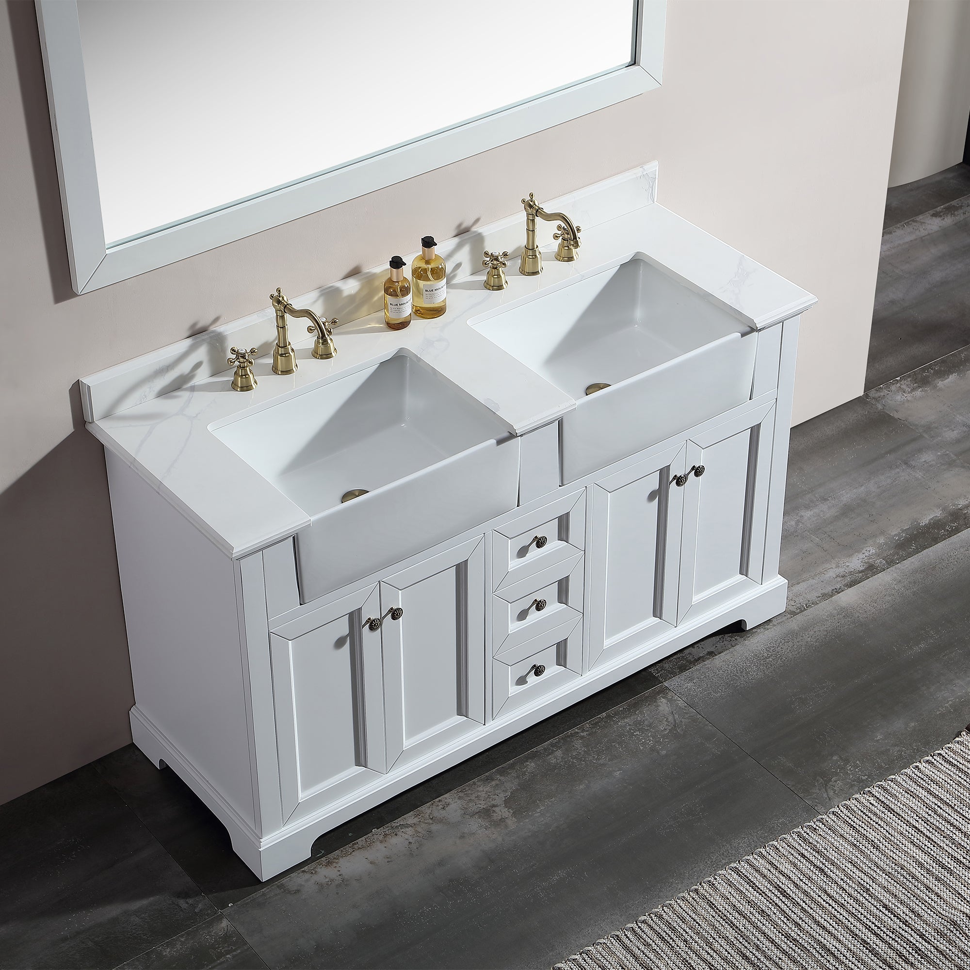 60" Freestanding Bath Vanity Minimalist in White with White Quartz Top with White Basin