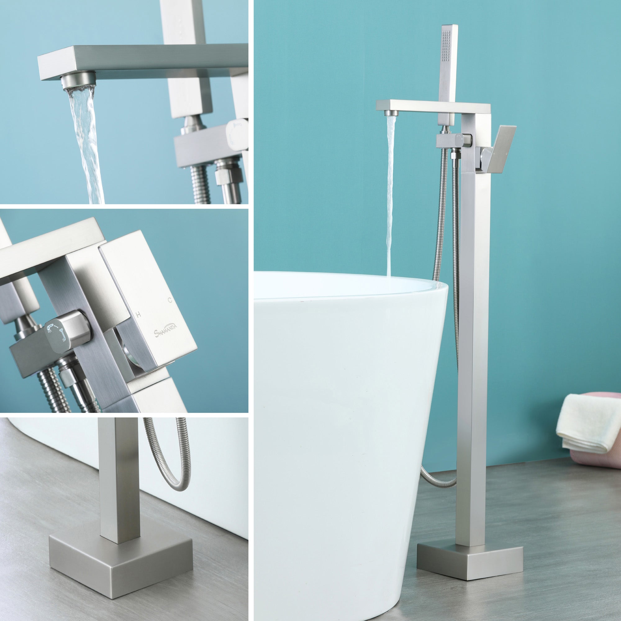 Single Handle Floor Mount Freestanding Tub Faucet with Hand Shower