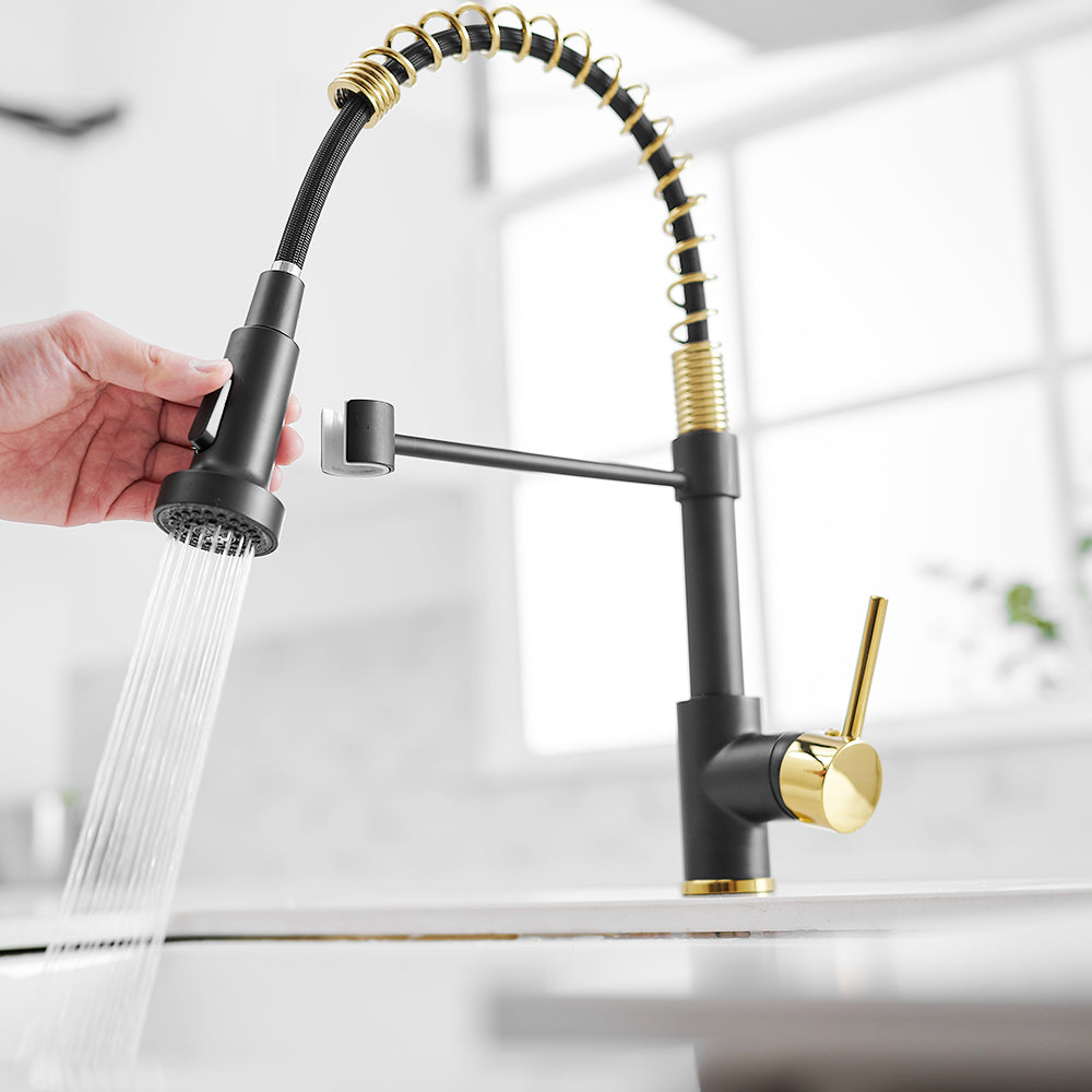 Black And Gold Spring Pull Down Kitchen Faucet