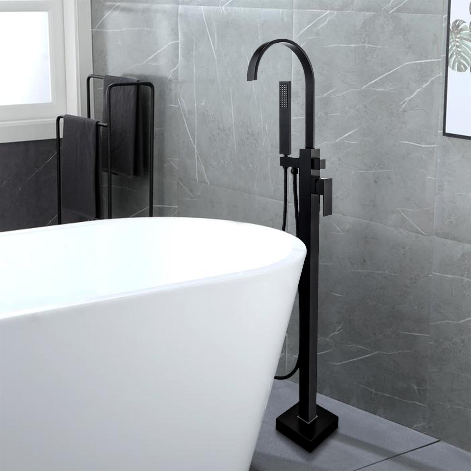 Freestanding Single-Handle Floor Mount Tub Faucet Bathtub Filler with Hand Shower in Matte Black