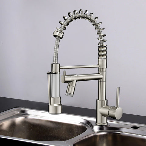 Single Handle Pull Down Sprayer Kitchen Faucet with 360° Rotation and LED Lights in Brushed Nickel