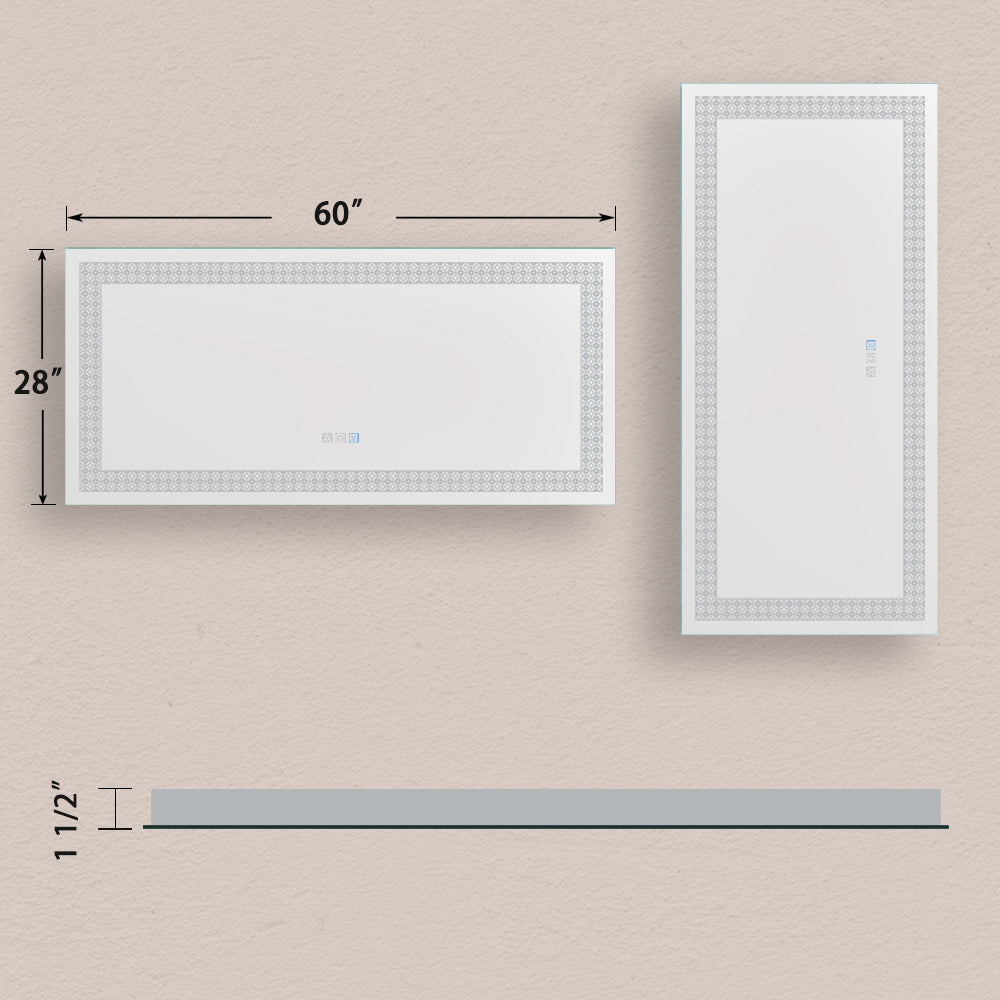 60 in. W x 28 in. H Rectangular Frameless Wall Mounted Anti-Fog Dimmable LED Light Bathroom Vanity Mirror in Silver