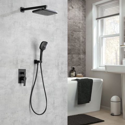 11.8 in. 2-Spray Patterns with 1.8 GPM Wall Mount Dual Shower Heads with Hand Shower in Matte Black