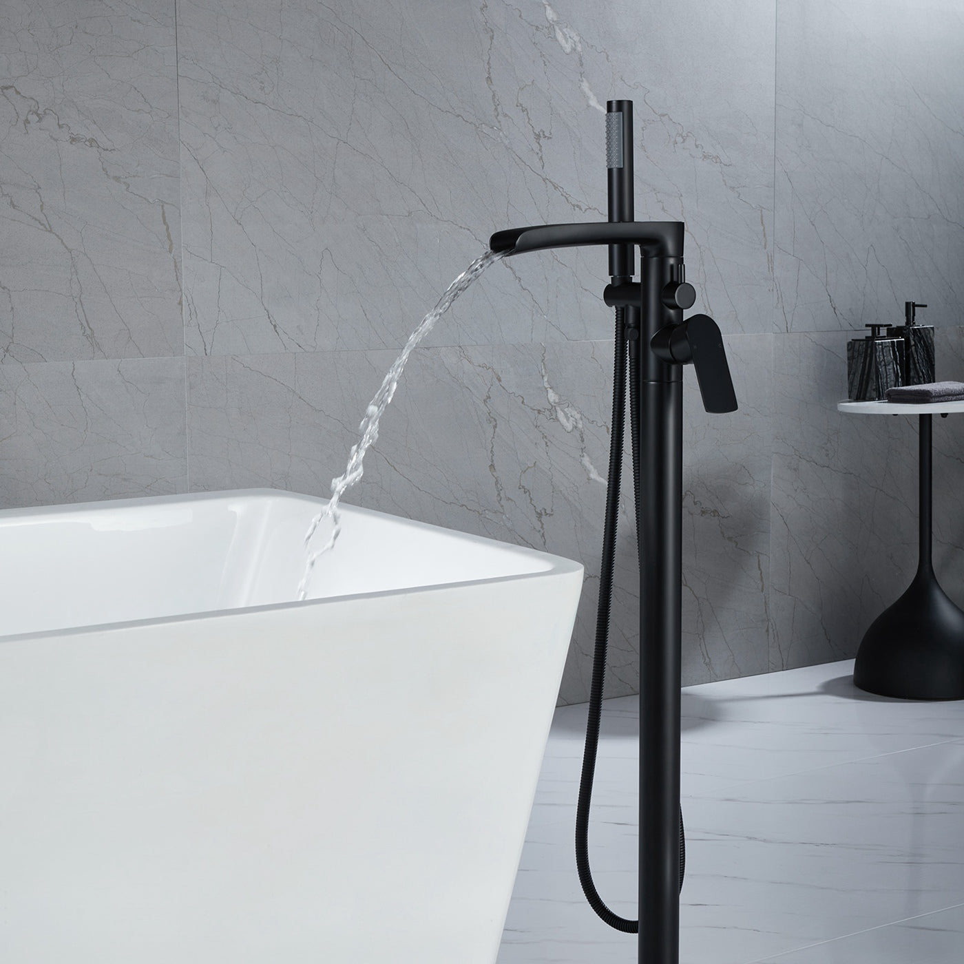 Single-Handle Floor Mount Tub Faucet Bathtub Filler with Hand Shower in Matte Black