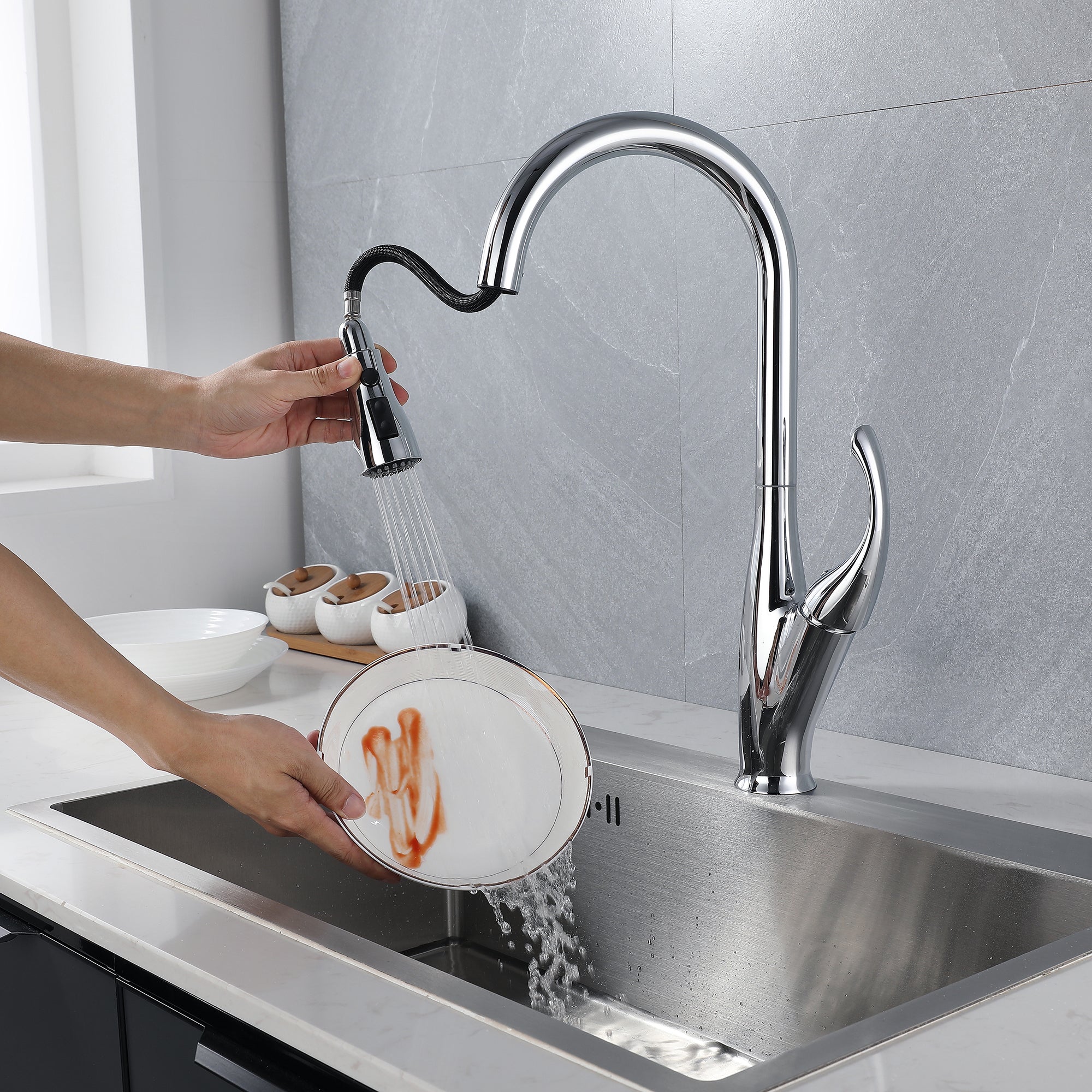 High Arc Single Handle Kitchen Sink Faucet with Pull Down Sprayer in Chrome