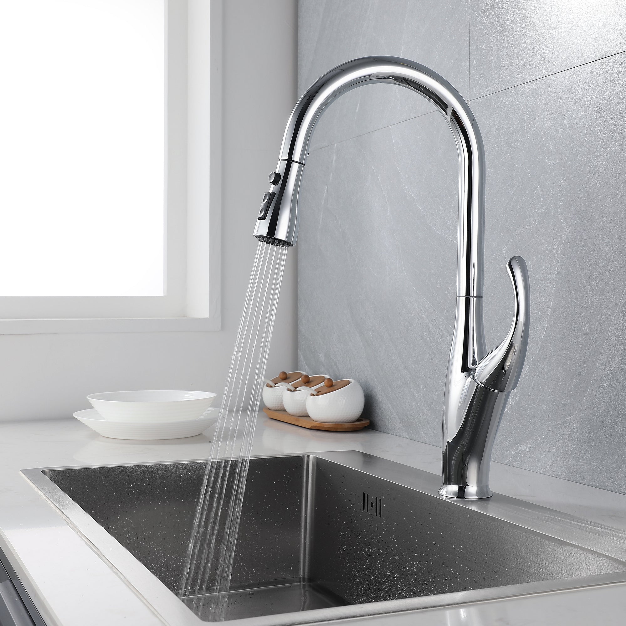 High Arc Single Handle Kitchen Sink Faucet with Pull Down Sprayer in Chrome