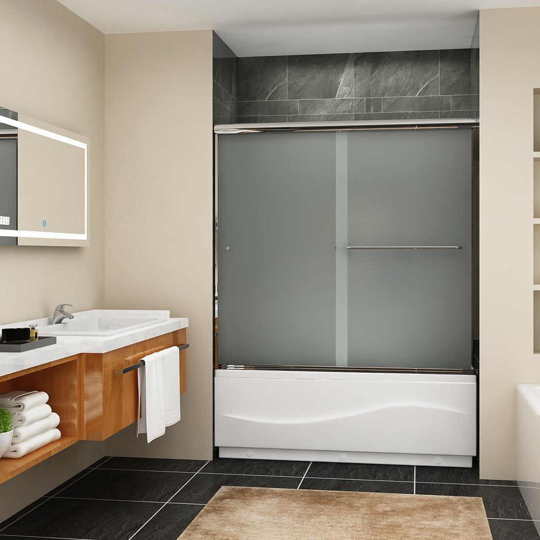 57 in. x 60 in. Framed Double Sliding Shower Door, with Handle Frosted Glass in Chrome