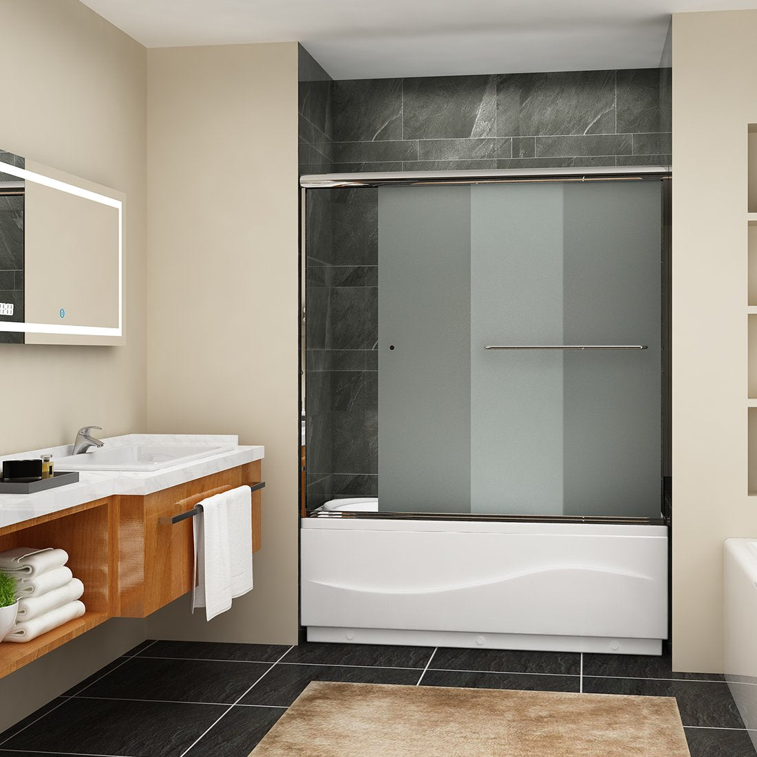 57 in. x 60 in. Framed Double Sliding Shower Door, with Handle Frosted Glass in Chrome