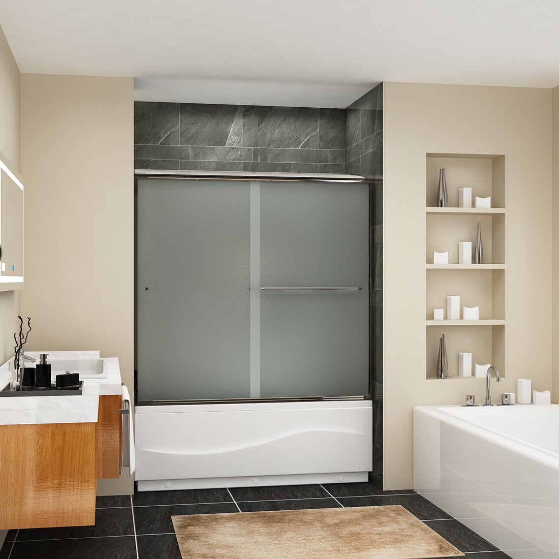 57 in. x 60 in. Framed Double Sliding Shower Door, with Handle Frosted Glass in Chrome