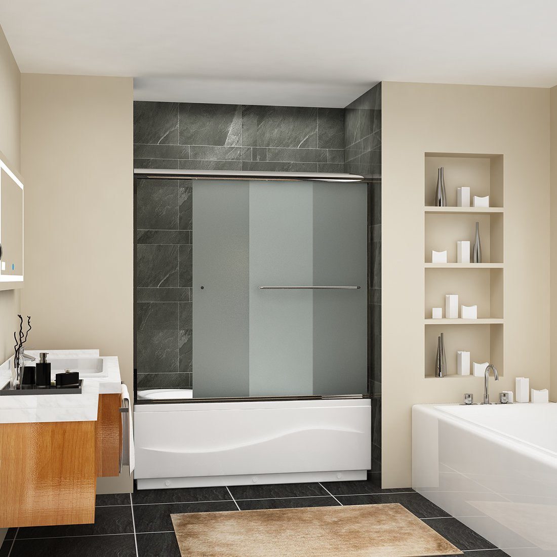 57 in. x 60 in. Framed Double Sliding Shower Door, with Handle Frosted Glass in Chrome