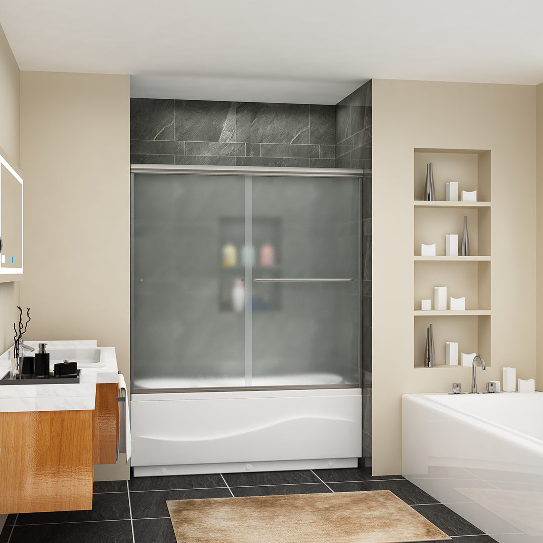 57 in. x 60 in. Semi-Frameless Double Sliding Door, frosted Glass in Brushed Nickel